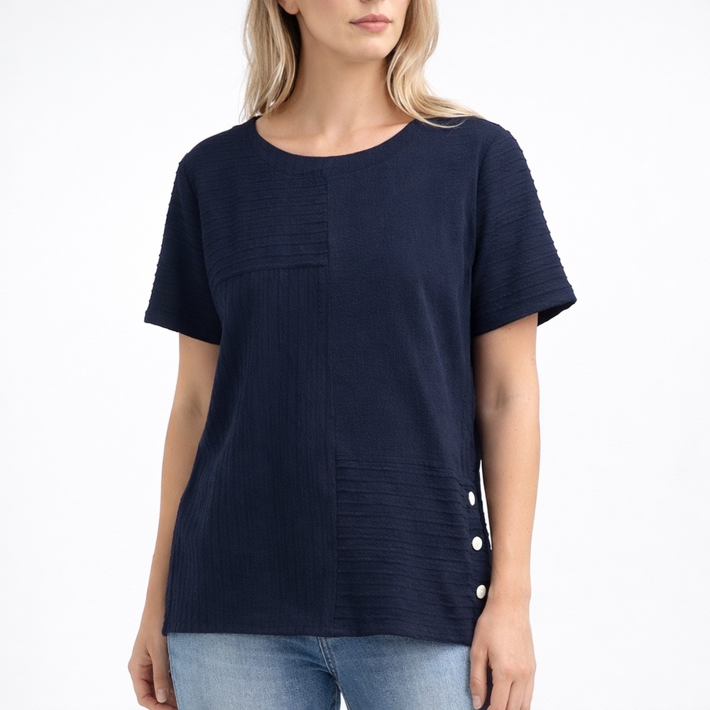 Textured Navy Short Sleeve Top Asymmetrical Button Detail Womens Large